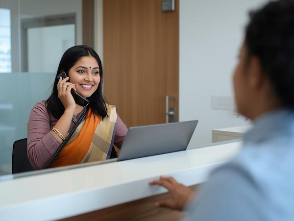Clinic receptionist taking an appointment call