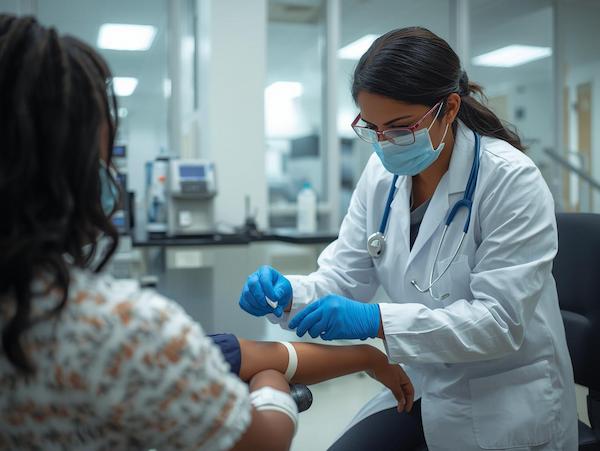 Collecting a blood sample from a patient for pathology testing