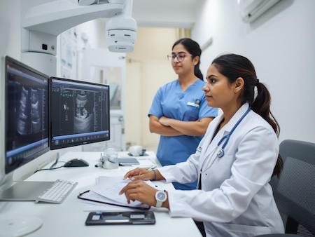 Doctor reviewing scan results on a monitor in the diagnostic clinic.