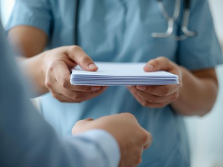 Clinic staff handing a report to a patient for report collection