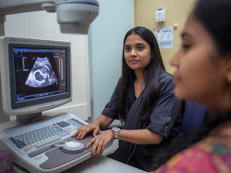 Technician performing an ultrasound scan with the patient during diagnostic imaging.