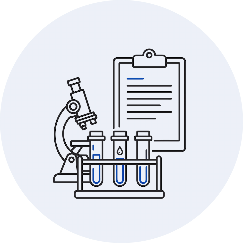 Pathology lab testing icon with microscope, blood sample tubes, and medical report.