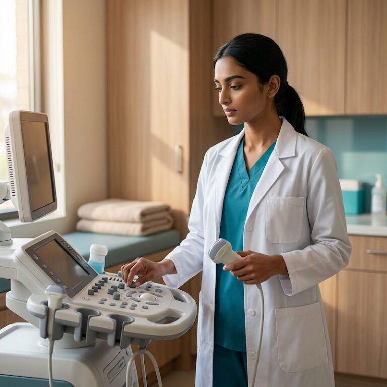 Female healthcare professional performing an ultrasound scan