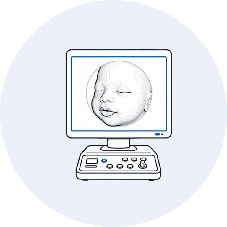 Illustration of a 3D/4D ultrasound scan display (USG) for prenatal imaging
