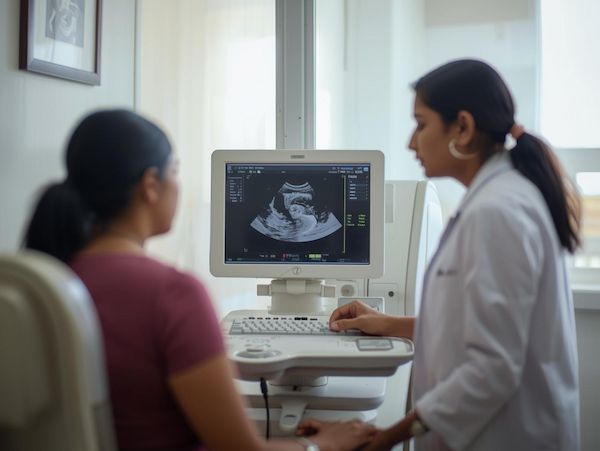 Doctor discussing a 2D echo scan with a patient beside the ultrasound monitor.