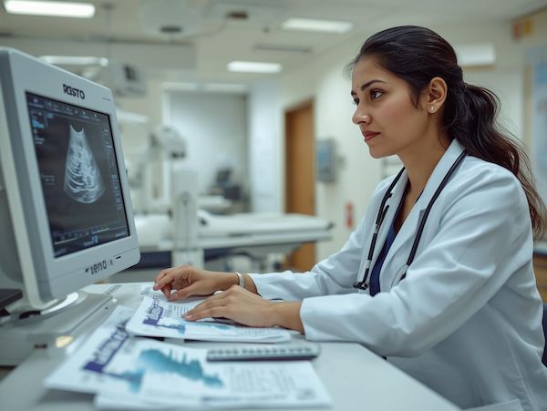 Doctor reviewing a 2D echo scan on a monitor during cardiac imaging