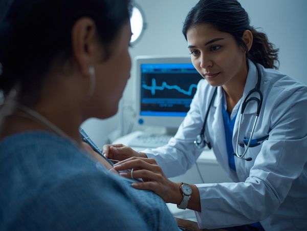 Doctor preparing a patient for an ECG test with heart monitor equipment in the clinic.