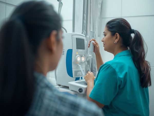 Technician explaining uroflowmetry test process and equipment setup