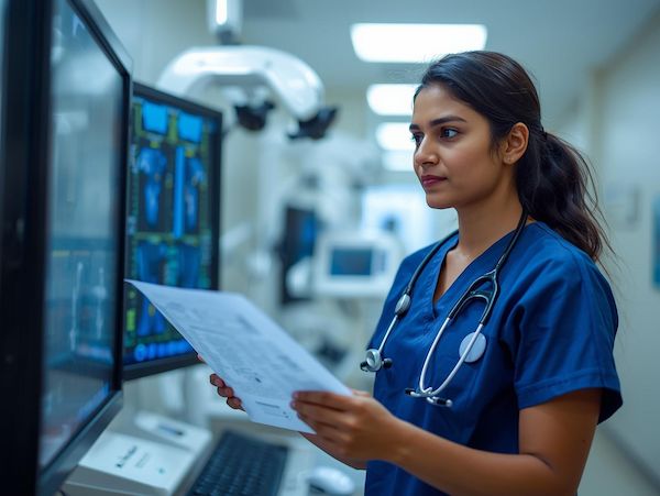 Doctor reviewing uroflowmetry test report in diagnostic centre