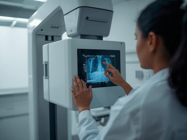 Technician operating an X-ray machine and viewing a chest X-ray image on the screen