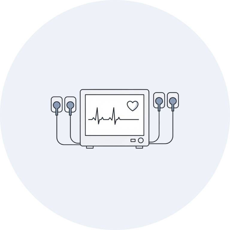 Illustration of an ECG monitor with heart rhythm tracing and electrode leads.
