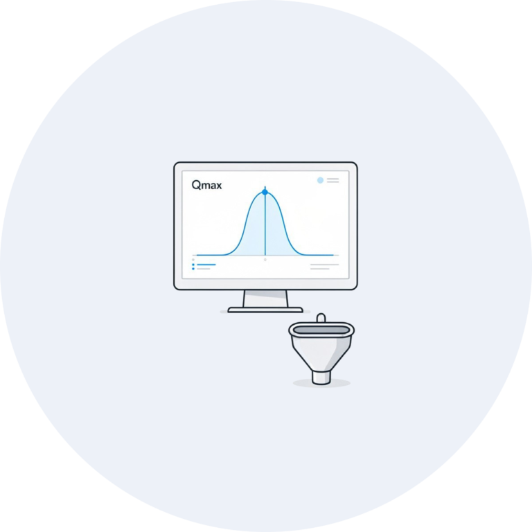 Illustration of a uroflowmetry test graph on a monitor with a urine funnel.
