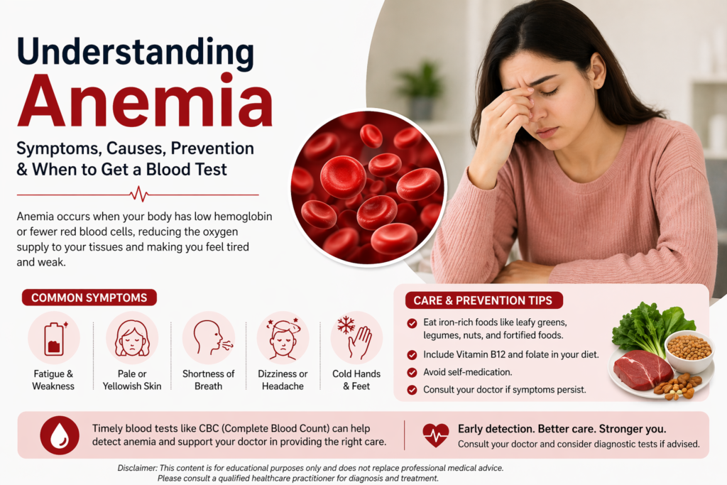 Anemia: Symptoms, Causes, Prevention & When to Get a Blood Test Anemia symptoms and prevention infographic with diet tips and blood test awareness.